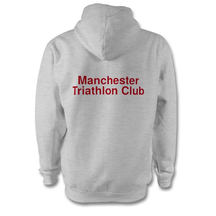 Grey hoody, red features